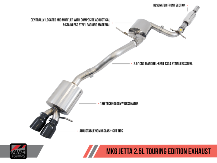 AWE Tuning Mk6 Jetta 2.5L Touring Edition Exhaust - Diamond Black Tips