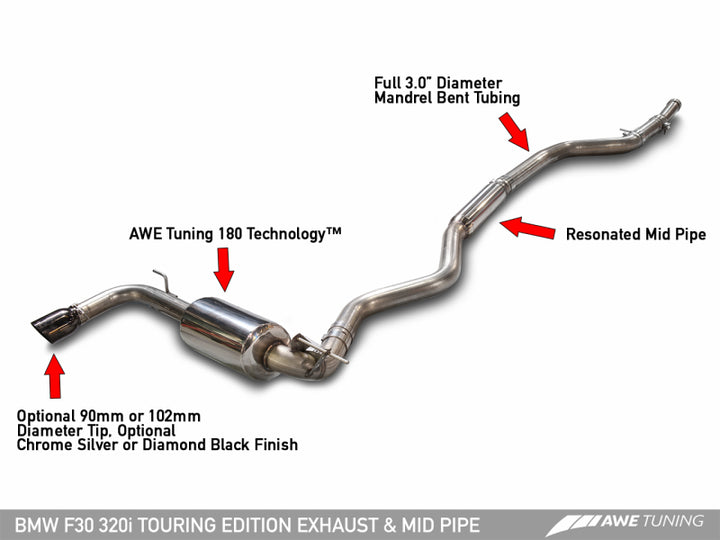 AWE Tuning BMW F30 320i Touring Exhaust w/Performance Mid Pipe - Chrome Silver Tip (90mm)